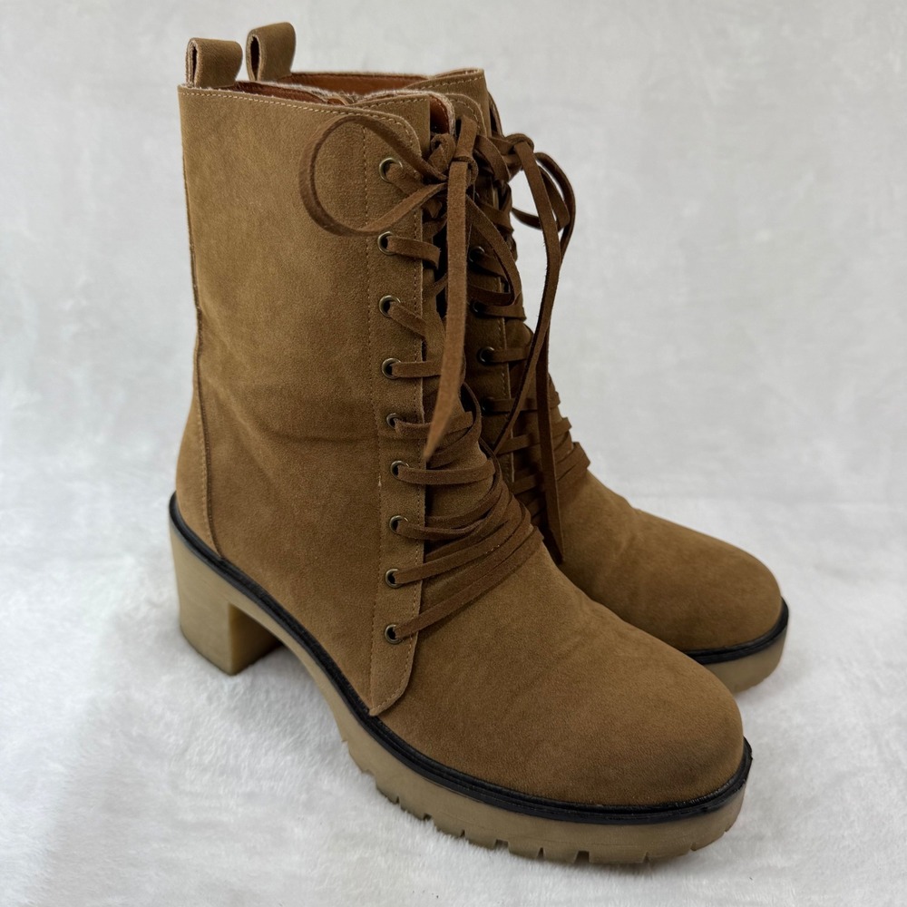 Oasis Society Tan Suede Lace Up Combat Boots Side Zip Lug Sole Block Heel Size 8